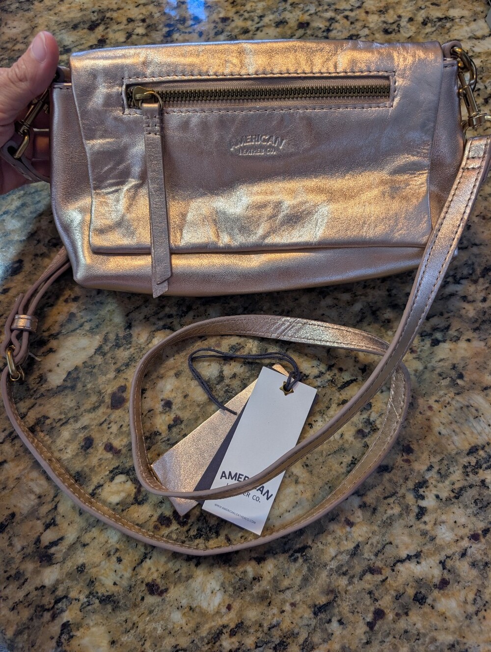American Leather Co. Metallic Rose Gold Crossbody Bag (many pockets)